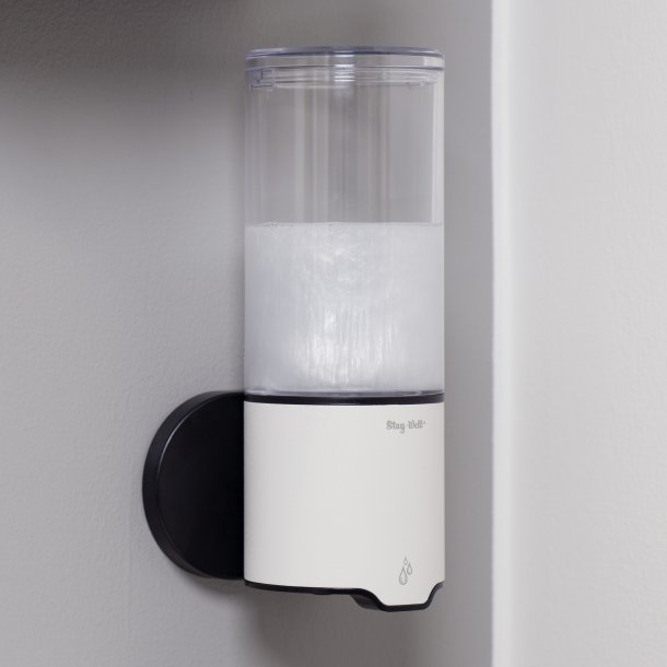 Vandtt sbedispenser til flydende sbe, shampoo, etc.  Hvid